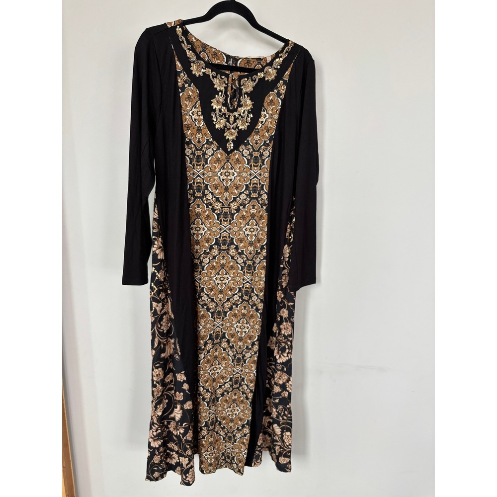 Soft Surroundings Mixed Media Sequin Embroidered Paisley Midi Dress Black Gold L